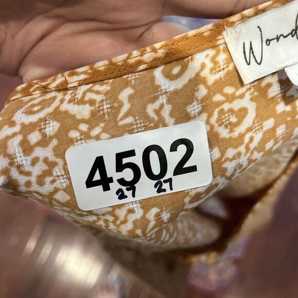 Wonderly Orange Geometric Top XXL Short Sleeve Blouse V Neck Boho Peasant Tie - Picture 9 of 9